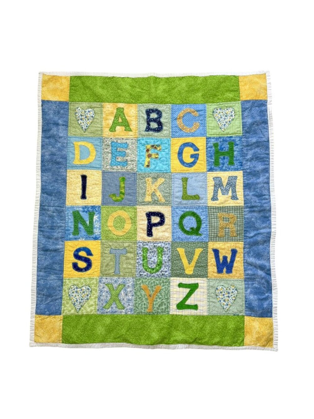 Vintage Handmade Patchwork Alphabet Throw Quilt Blanket Blue Green Yellow 32x37